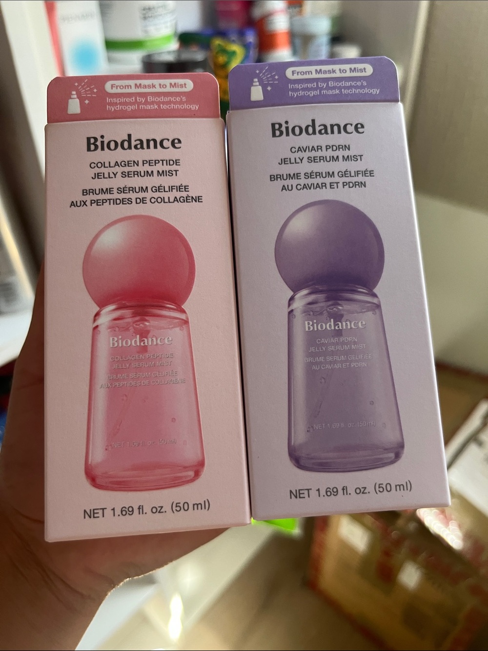 Biodance Jelly Serum Mist — Collagen Peptide (Pink) & Caviar PDRN (Purple)